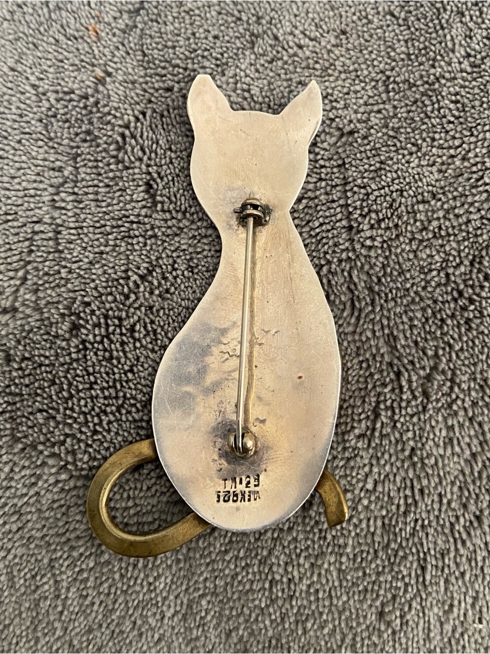 Vintage sterling silver Brooch Cat Taxco Brass tail cat Brooch 925 Mexico - Picture 2 of 7